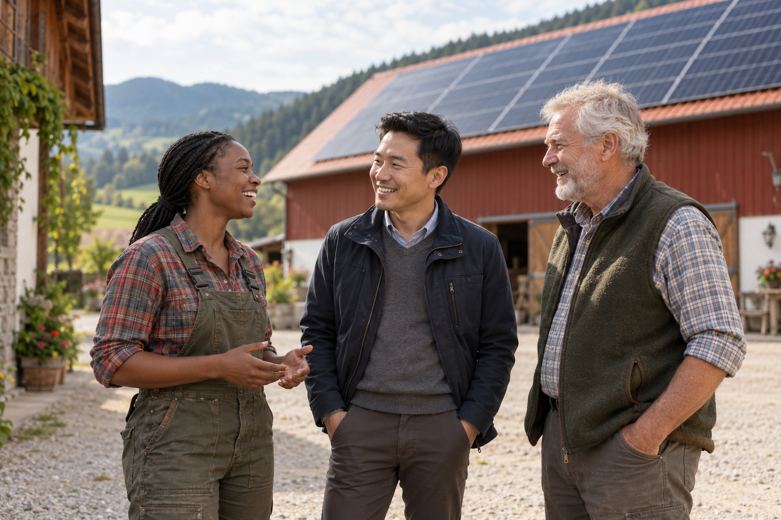 Symbolische Darstellung: Eine Landwirtin und zwei Projektpartner unterschiedlicher Herkunft lachen bei einem Gespräch auf einem Bauernhof